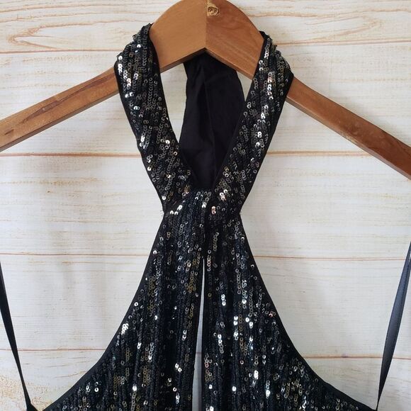 Maeve Sequin Halter Cutout Sexy Stretchy Jumpsuit Black Silver Women's Size 6 - Picture 11 of 16